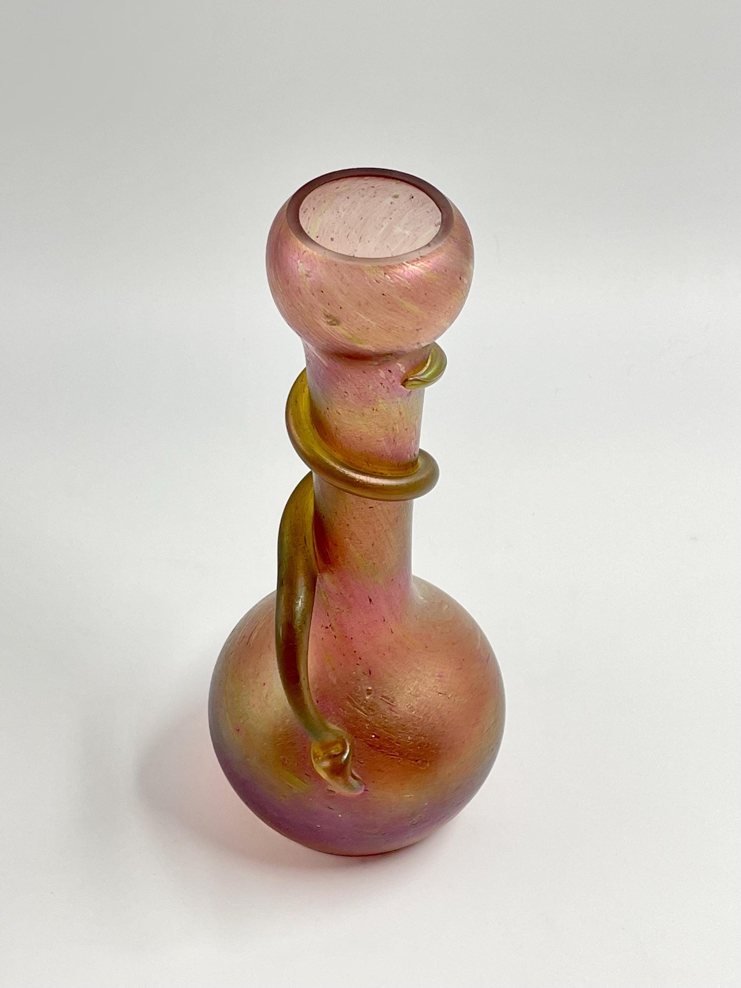 Antique Rindskopf Iridescent Pinkish Gold Snake Vase, Bohemian Czech Art Glass