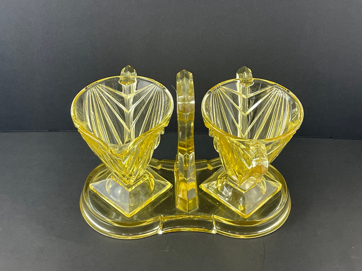 Indiana Glass Art Deco Pyramid Creamer Sugar with Tray Yellow Depression Glass 1926-1932