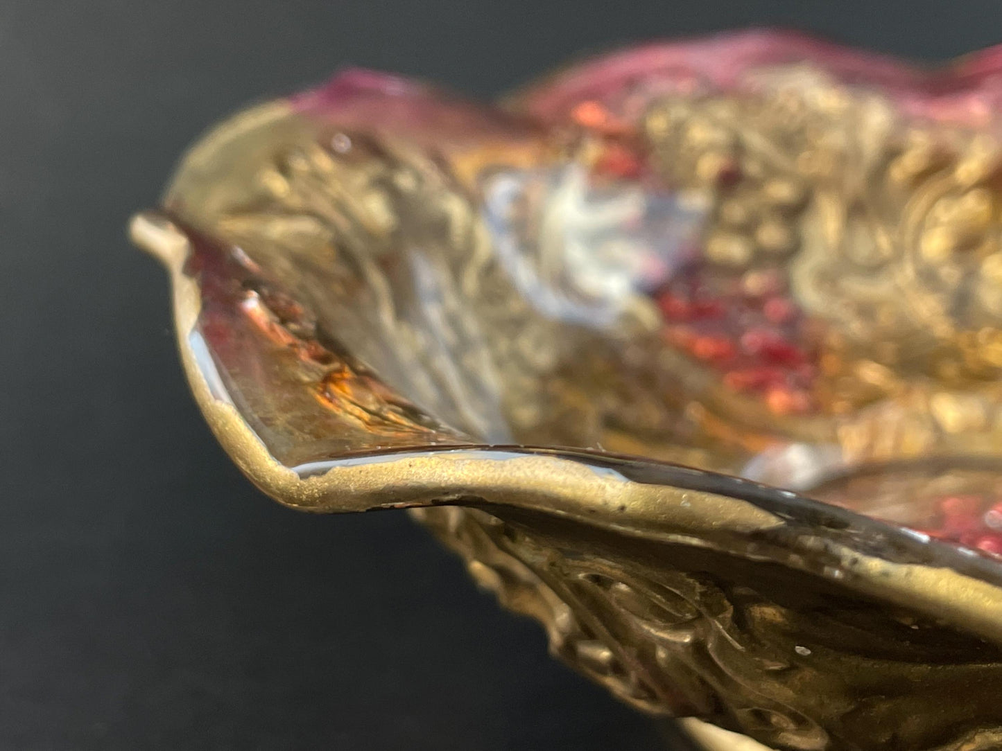 Antique Goofus Glass Dish, Enamel Painted Gold and Red Grape and Leaves