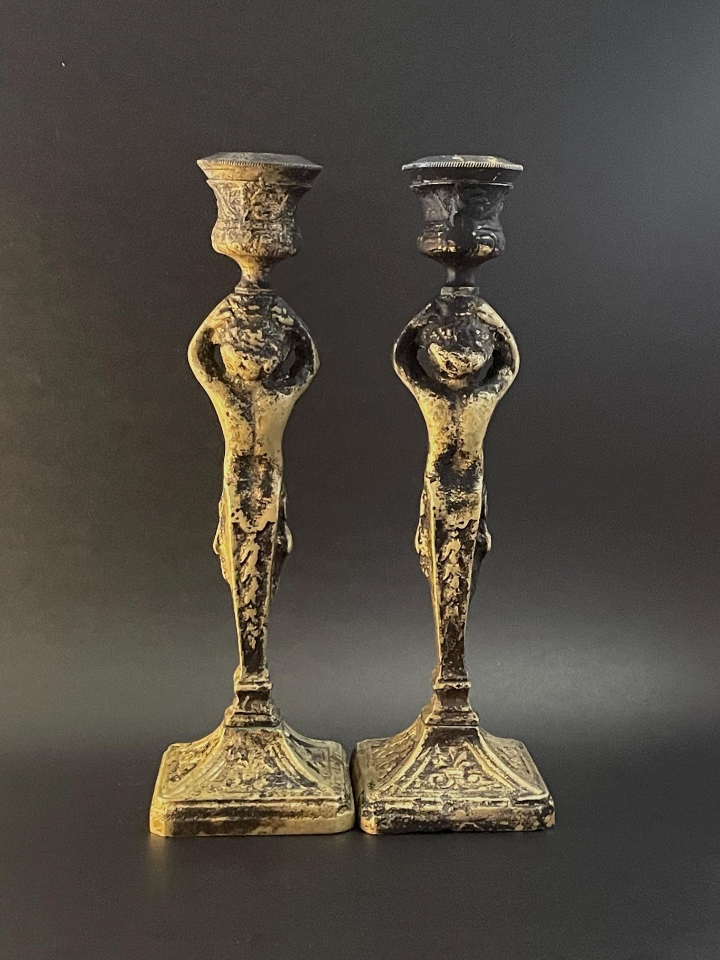 Two (2) Brass Cherub Fleur-de-Lys Candlestick Holders 7-1/4"