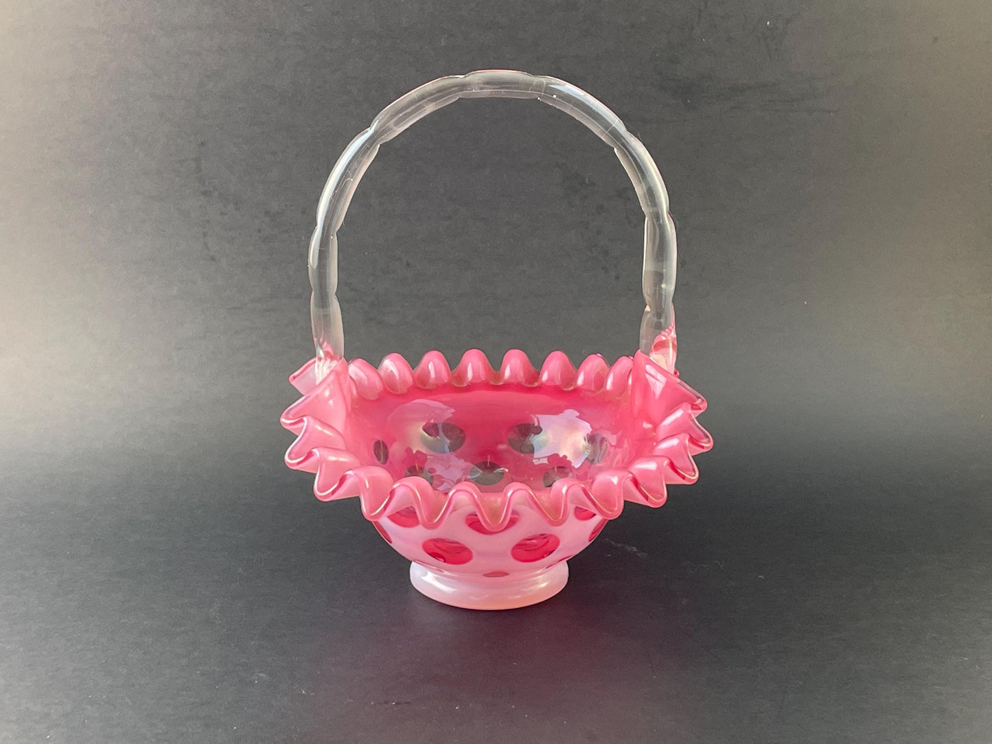 Fenton Cranberry Coin Dot Basket 7" #1437 Crimped Rim