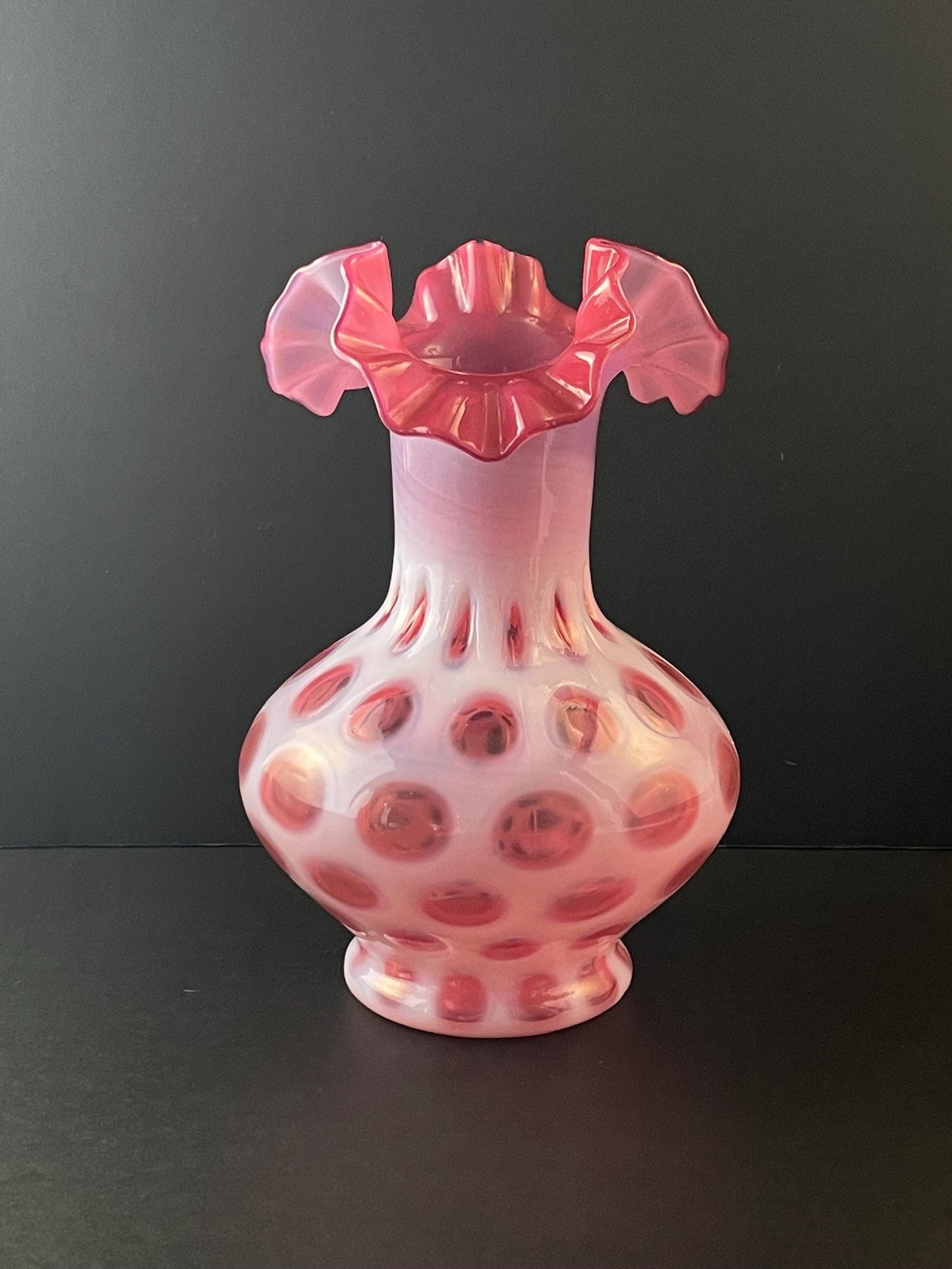 Fenton Cranberry Coin Dot Vase 7-1/4" #1457 Crimped Ruffled Rim