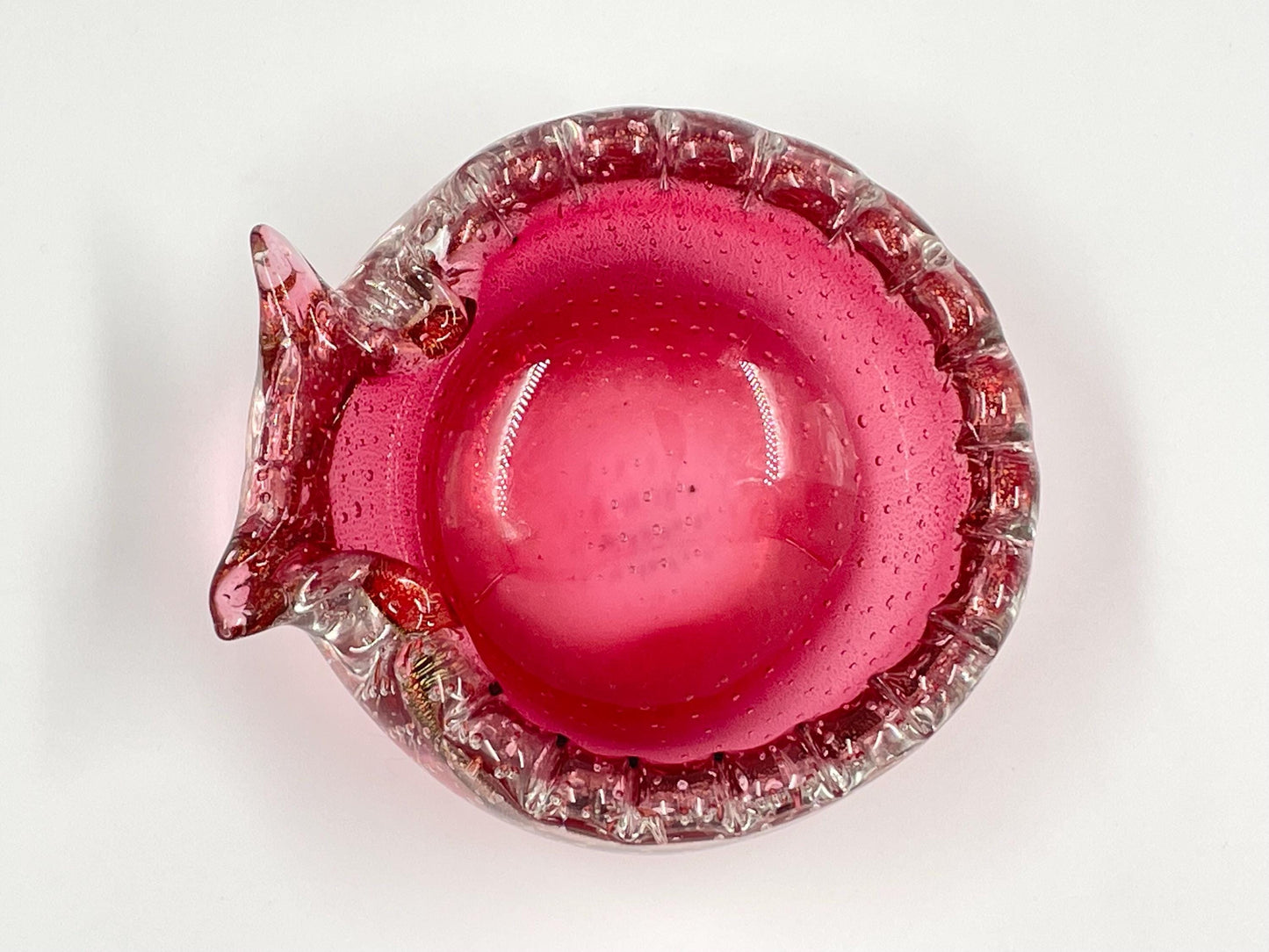 Small Murano Cranberry Candy Trinket Dish, Italian Bullicante Aventurine Art Glass