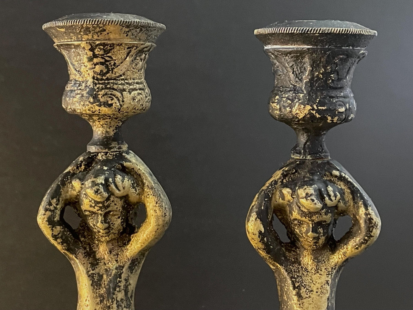 Two (2) Brass Cherub Fleur-de-Lys Candlestick Holders 7-1/4"