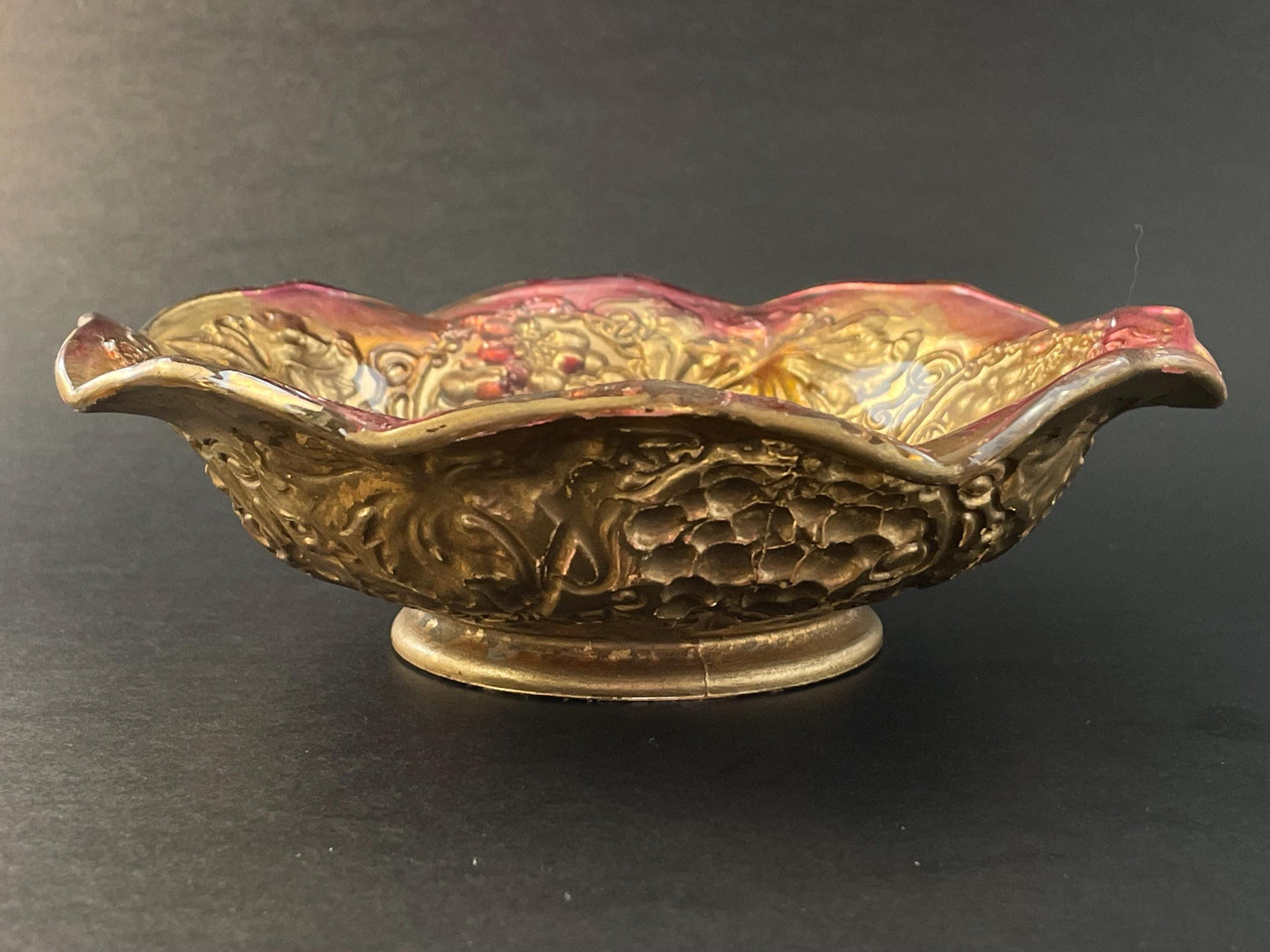 Antique Goofus Glass Dish, Enamel Painted Gold and Red Grape and Leaves