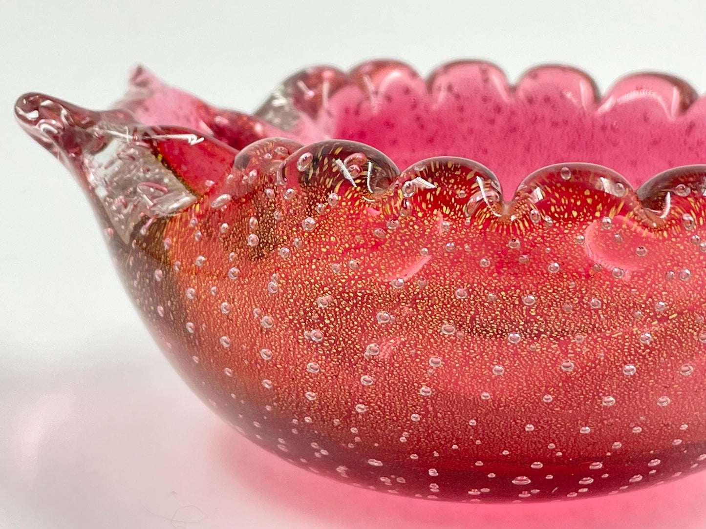 Small Murano Cranberry Candy Trinket Dish, Italian Bullicante Aventurine Art Glass