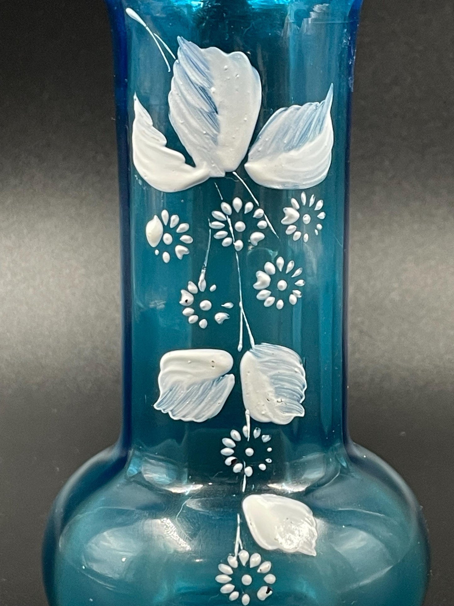 Antique Handblown Glass Blue Paneled Vase, White Enamel Floral Motif, Crimped Rim