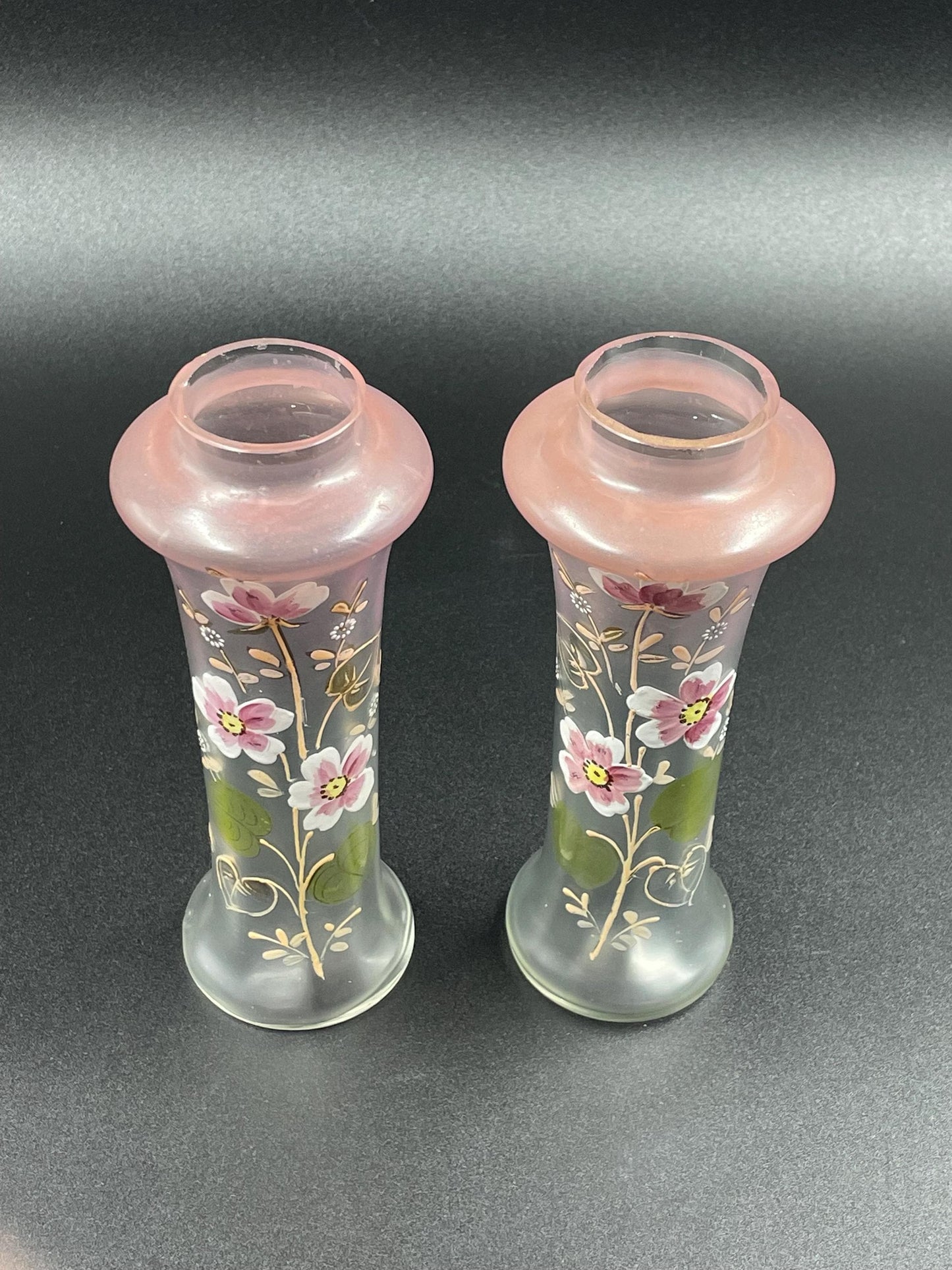 Two Antique Handpainted Floral Glass Vases