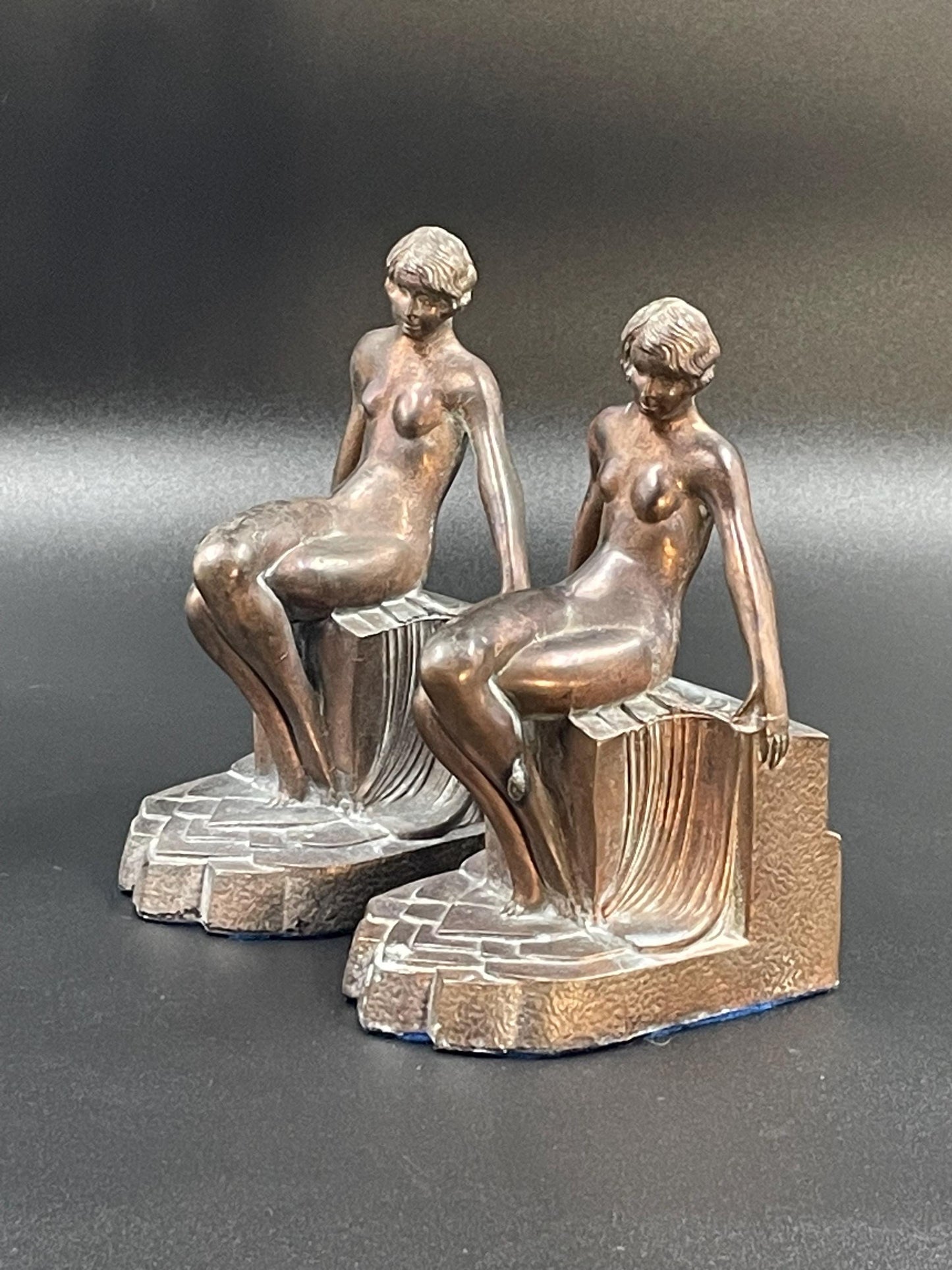 Nude Figure Seated Pose Art Deco Metal Bookends, Made in USA, 1930s