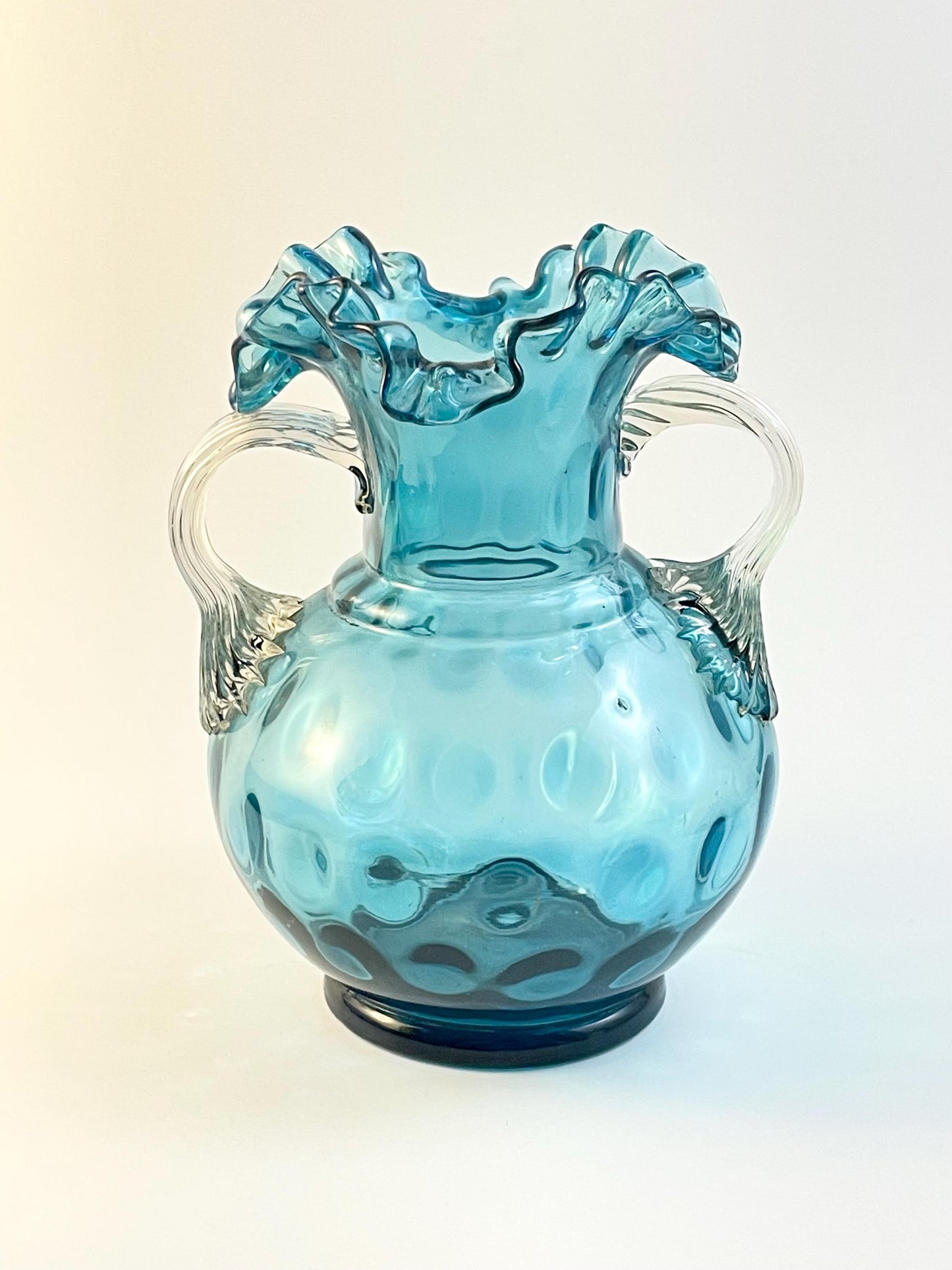 Handblown Double Handled Aqua Blue Inverted Coin Dot Vase