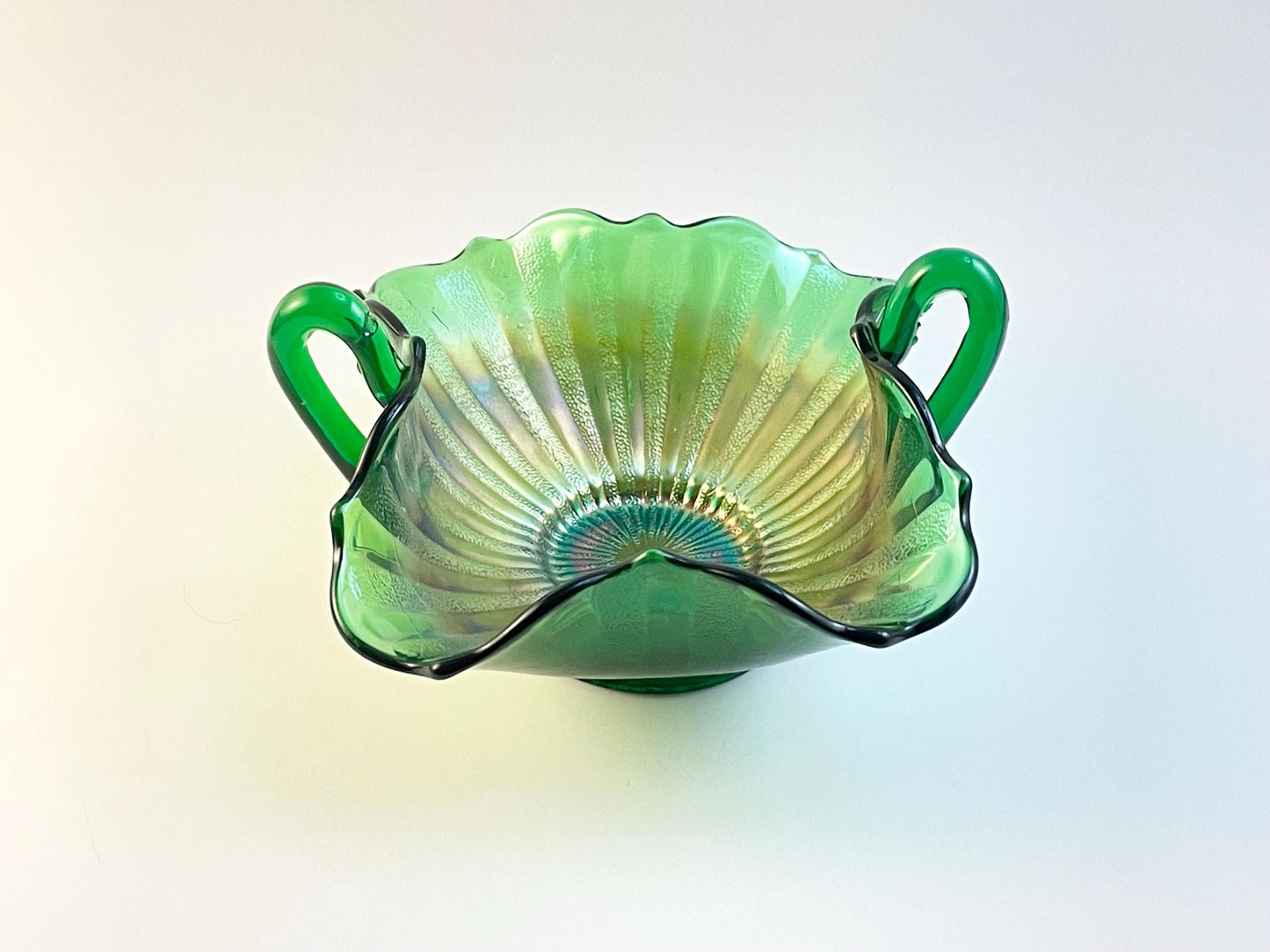 Fenton Stippled Rays Green Carnival Candy Dish