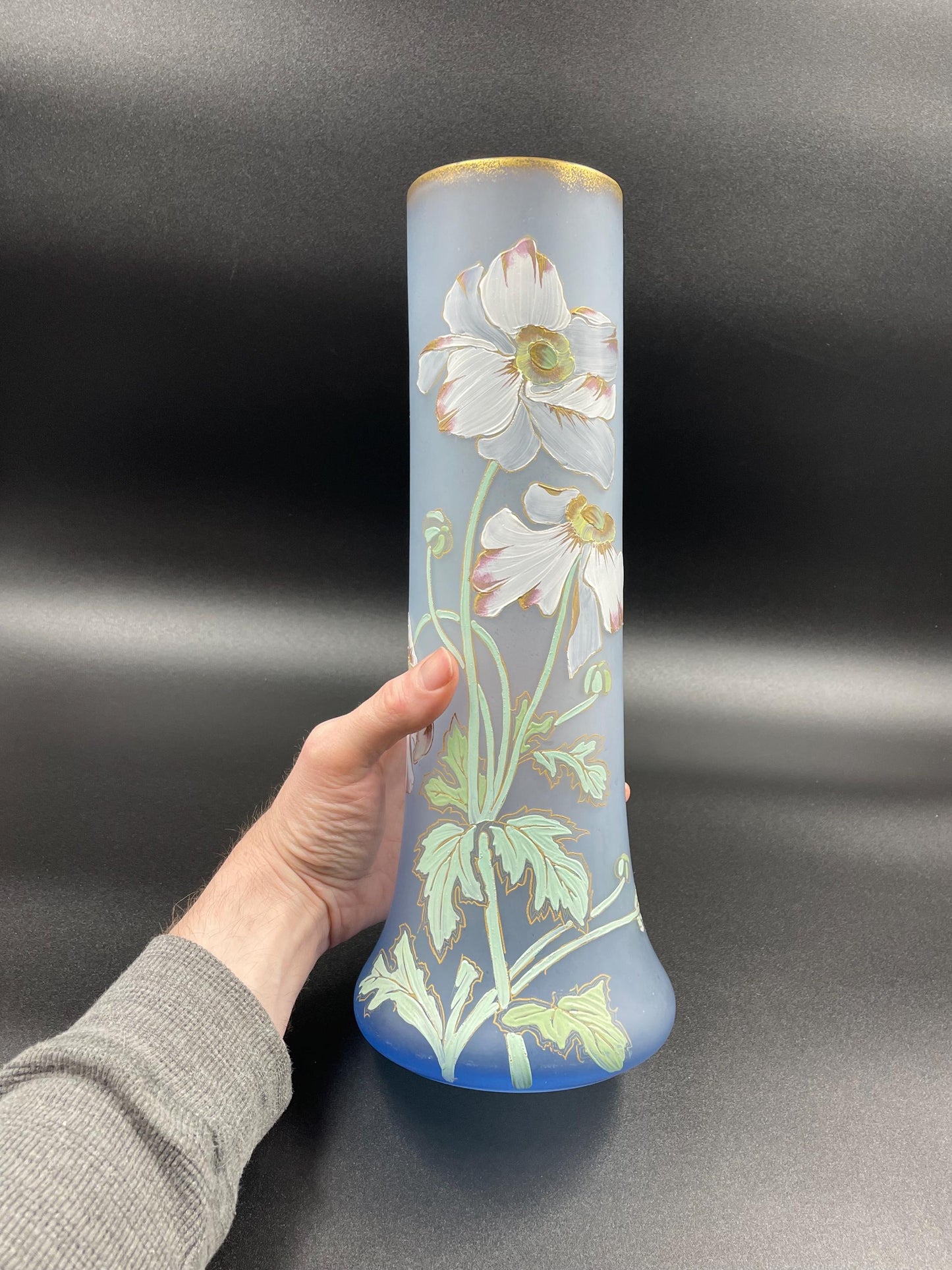 Antique French Legras Handpainted Floral Periwinkle Blue Satin Glass Vase 14"