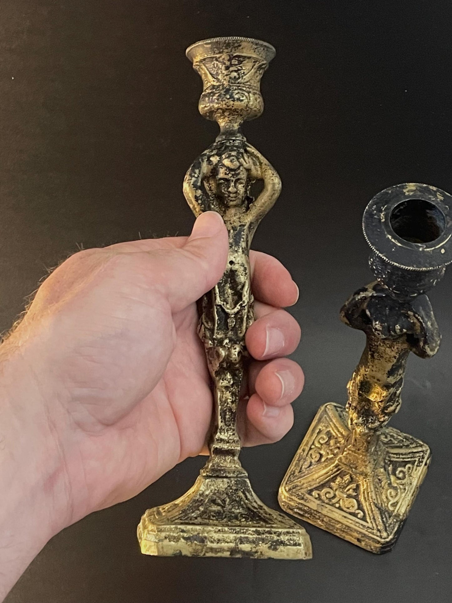 Two (2) Brass Cherub Fleur-de-Lys Candlestick Holders 7-1/4"