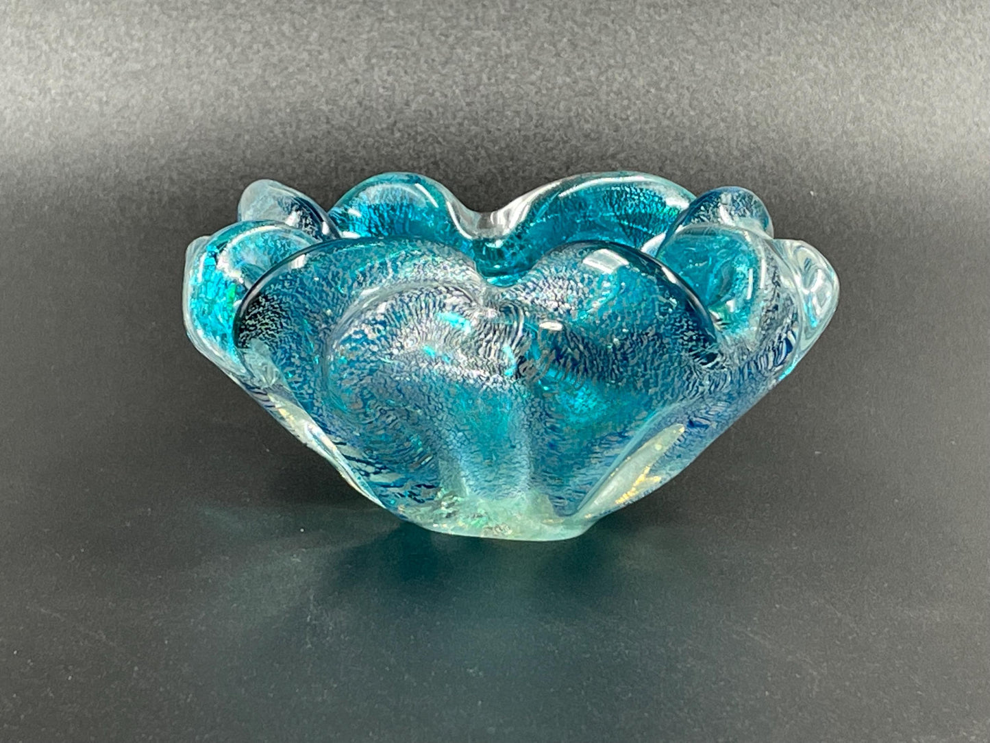 Small Italian Murano Silver Aventurine Aqua Blue Ashtray Trinket Dish