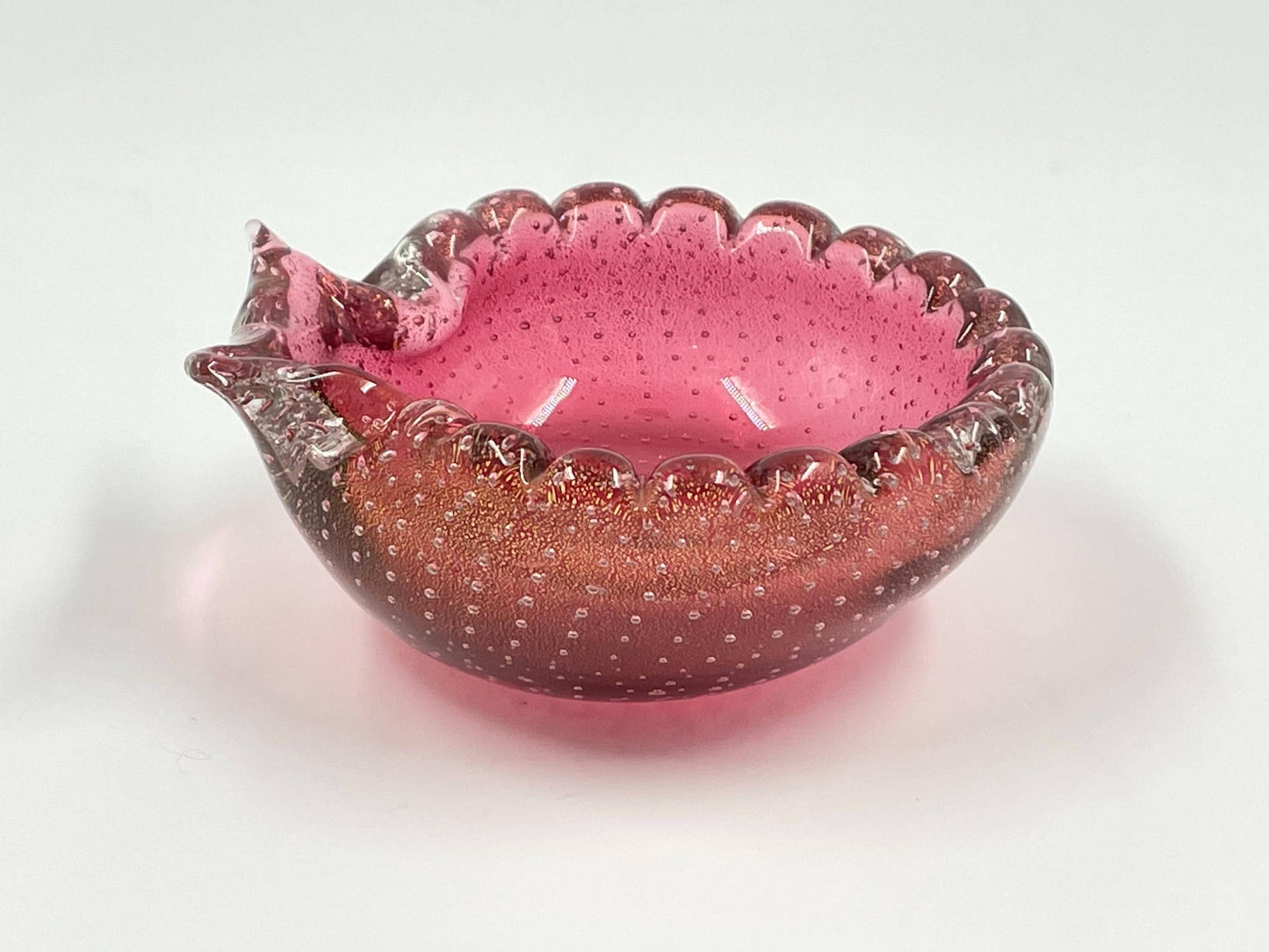 Small Murano Cranberry Candy Trinket Dish, Italian Bullicante Aventurine Art Glass