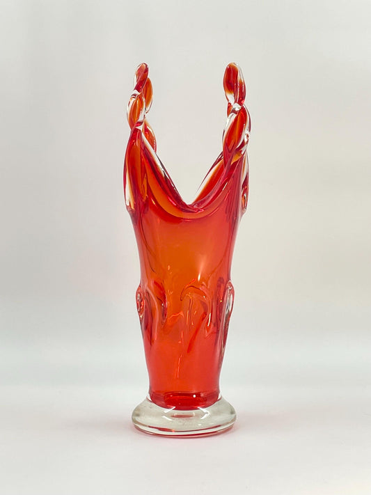 EDAG Reddish-Orange 14-1/8" Twist Vase, Vintage Canadian Art Glass, EDAG Montreal Quebec 1964-1978