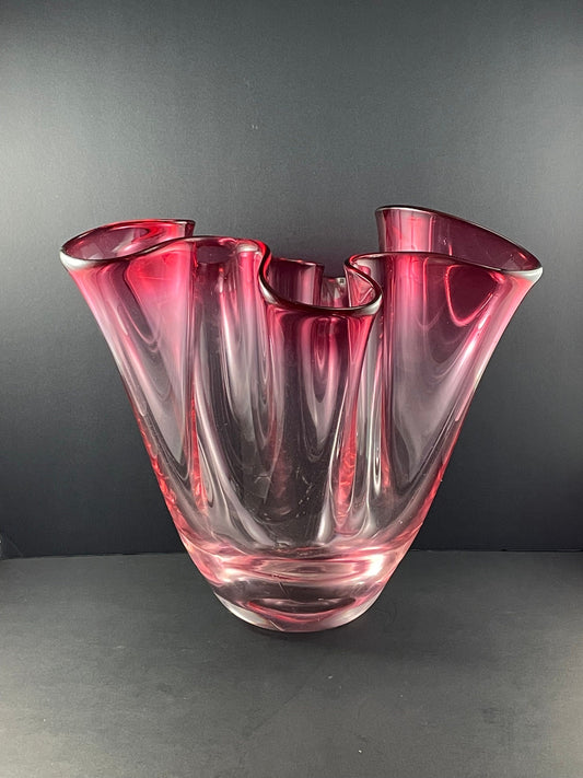 Large Chalet Cranberry Hankerchief Fazzoletto Vase, Etched Chalet Art Glass Vase, 1960s