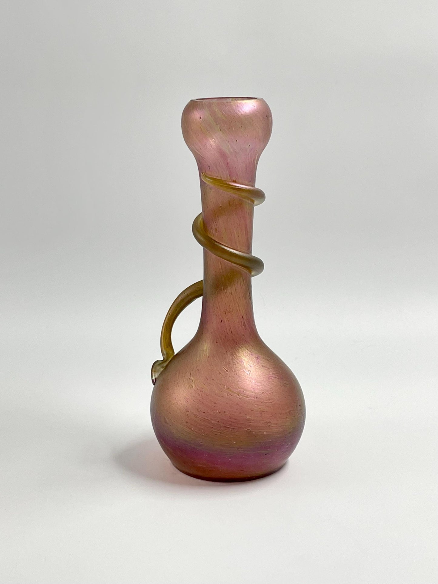 Antique Rindskopf Iridescent Pinkish Gold Snake Vase, Bohemian Czech Art Glass