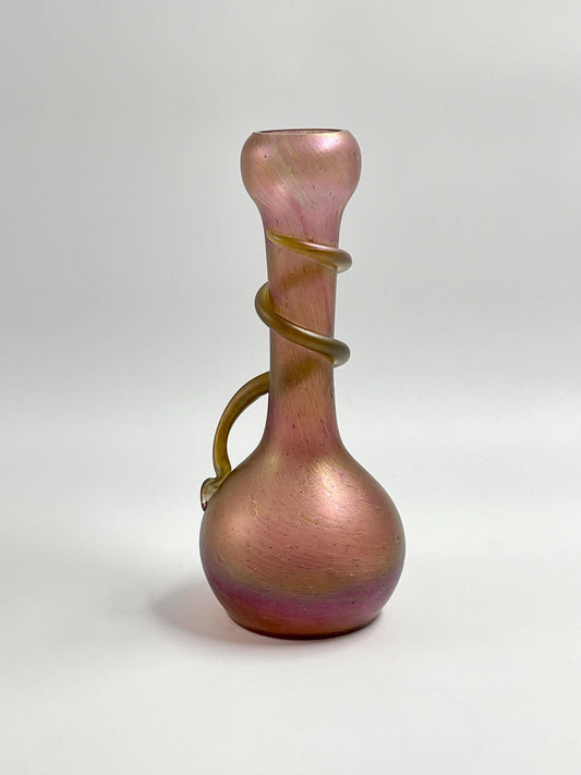 Antique Rindskopf Iridescent Pinkish Gold Snake Vase, Bohemian Czech Art Glass