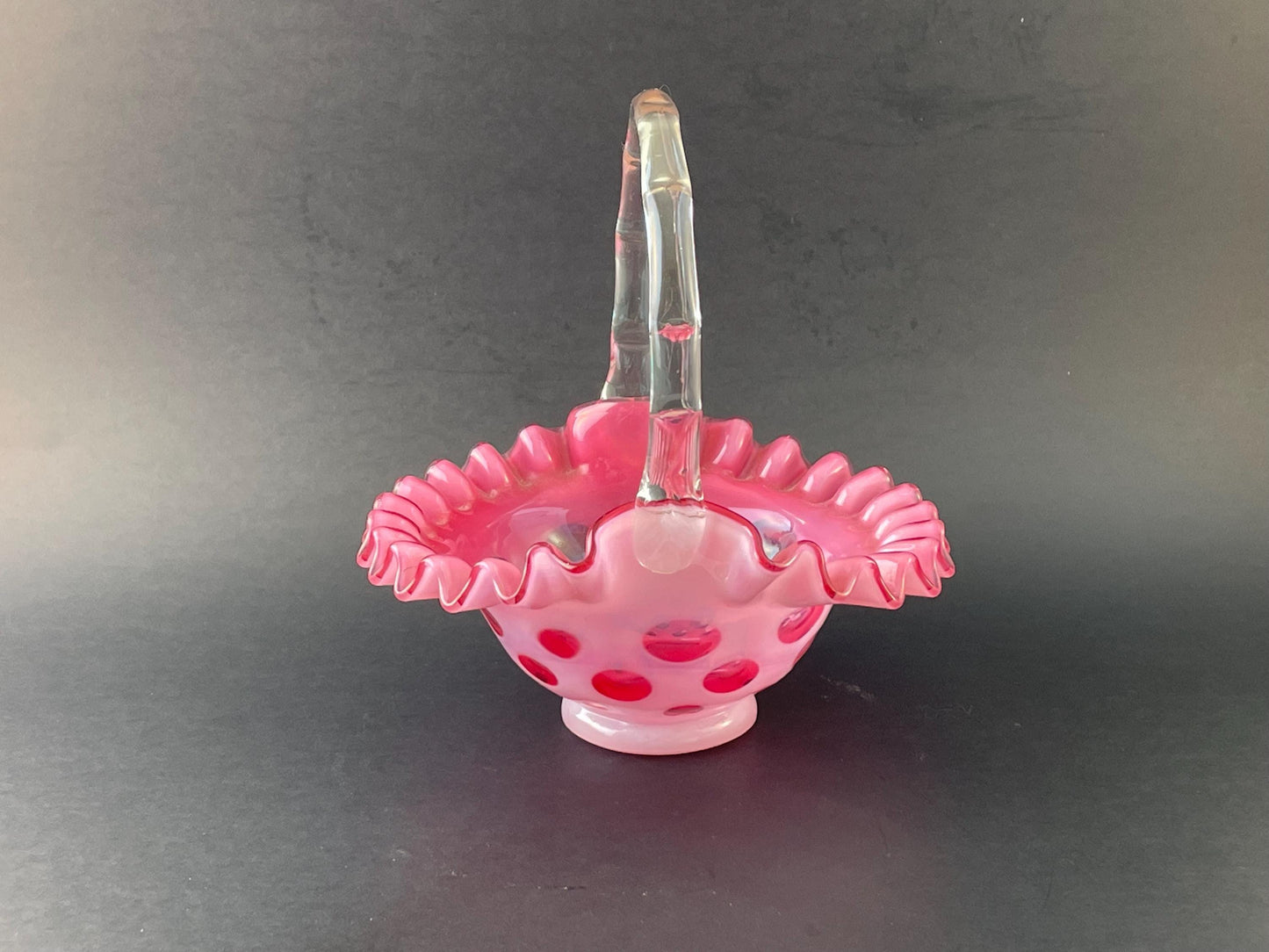 Fenton Cranberry Coin Dot Basket 7" #1437 Crimped Rim