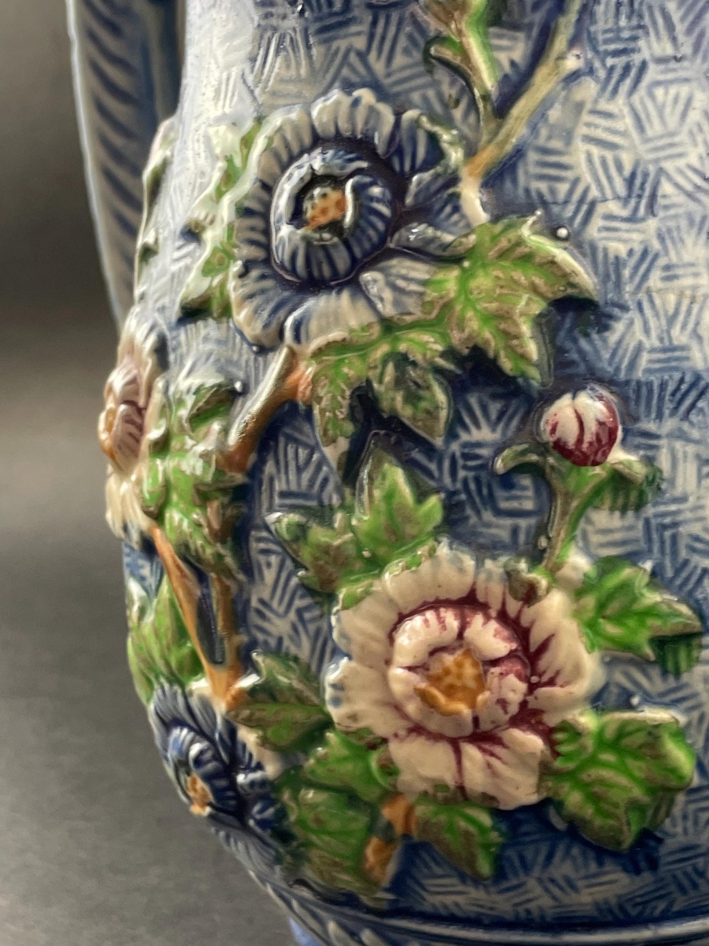 Japan Hand-painted Majolica Lidded Pitcher/Jug With Florals and Birds