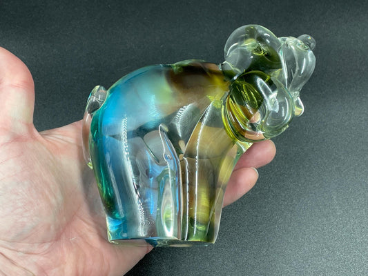 Lorraine Olive/Blue Art Glass Hound Dog, Canadian Art Glass Circa 1962-1974
