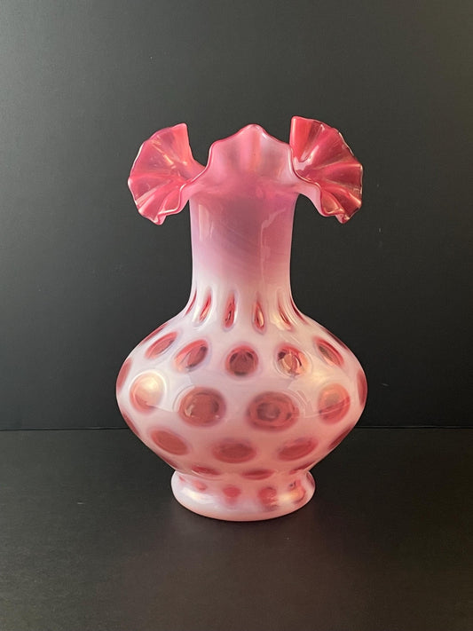 Fenton Cranberry Coin Dot Vase 7-1/4" #1457 Crimped Ruffled Rim