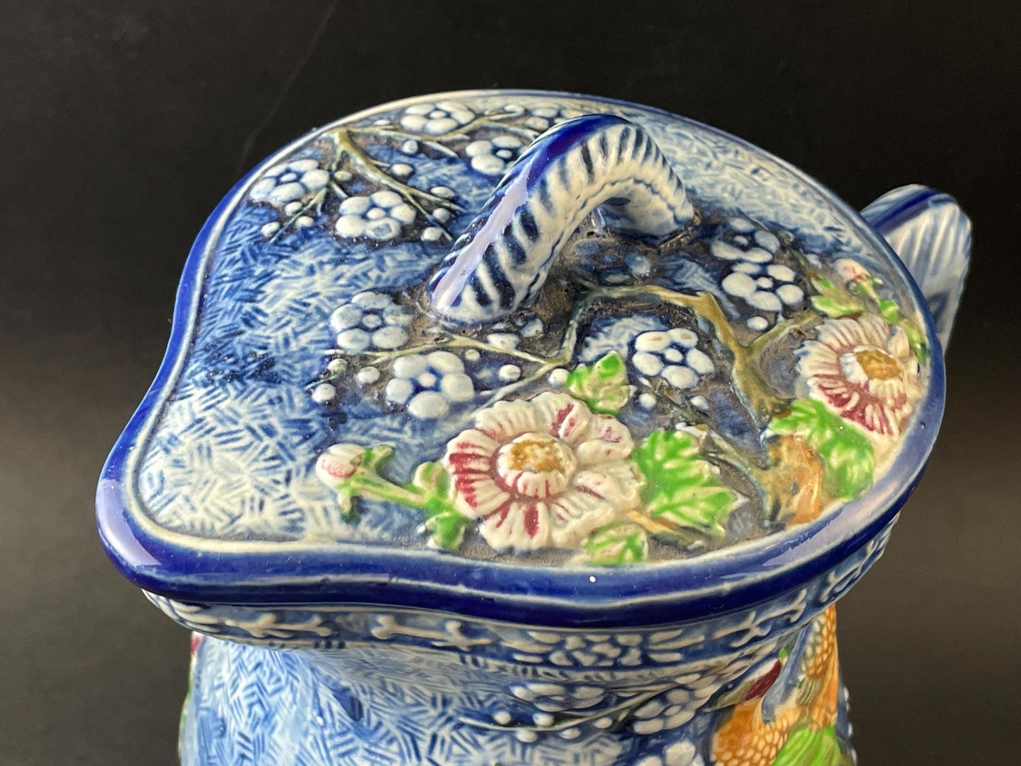 Japan Hand-painted Majolica Lidded Pitcher/Jug With Florals and Birds