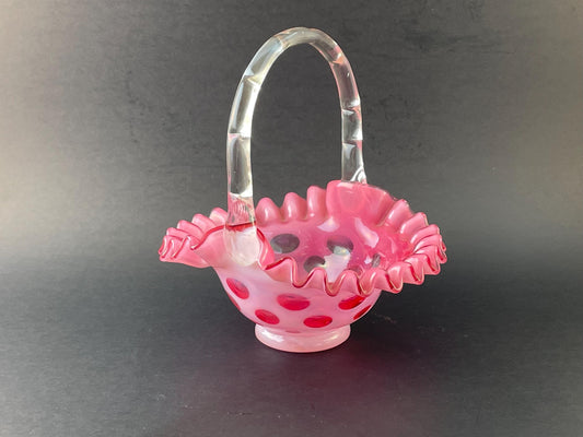 Fenton Cranberry Coin Dot Basket 7" #1437 Crimped Rim