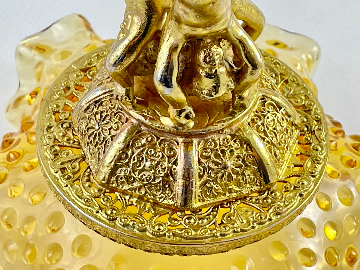 Fenton Ruffled Amber Hobnail Pedestal Dish on Ornate Gold Painted Metal Stand
