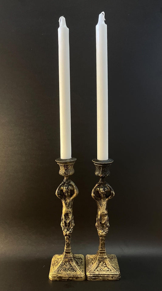 Two (2) Brass Cherub Fleur-de-Lys Candlestick Holders 7-1/4"