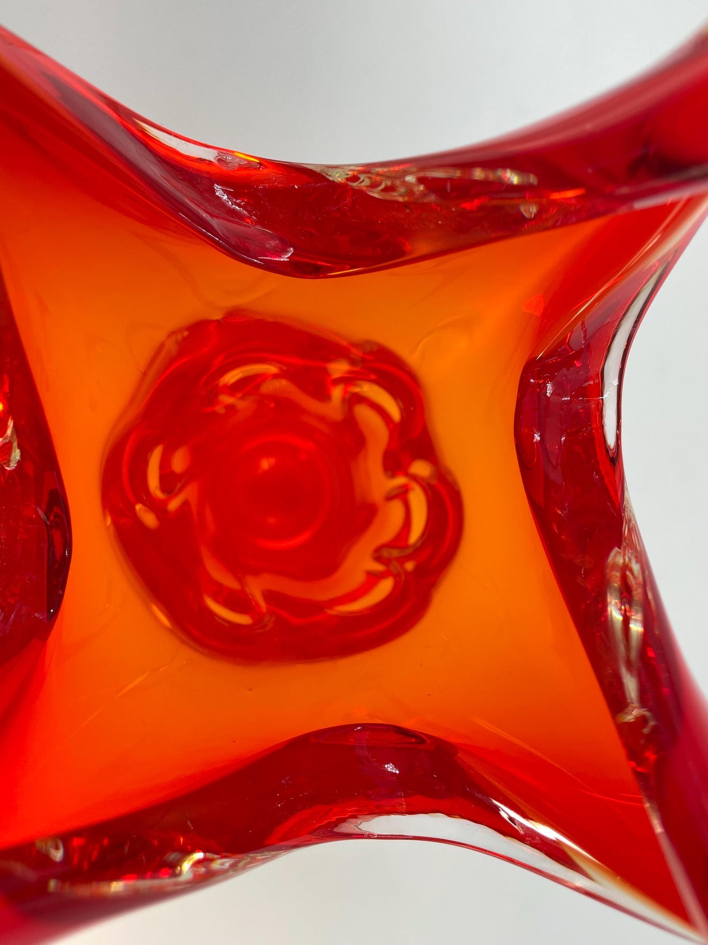 EDAG Reddish-Orange 14-1/8" Twist Vase, Vintage Canadian Art Glass, EDAG Montreal Quebec 1964-1978