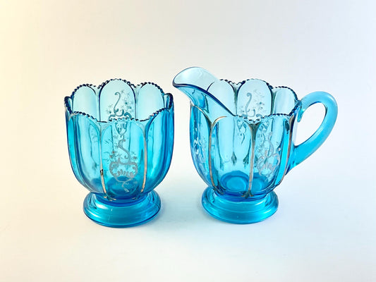 Antique National Glass Co (Northwood Works), Nestor Pattern Blue Creamer and Spooner, EAPG, Circa 1902