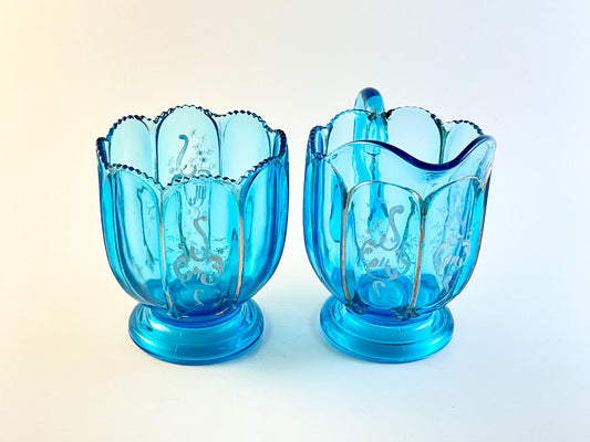 Antique National Glass Co (Northwood Works), Nestor Pattern Blue Creamer and Spooner, EAPG, Circa 1902