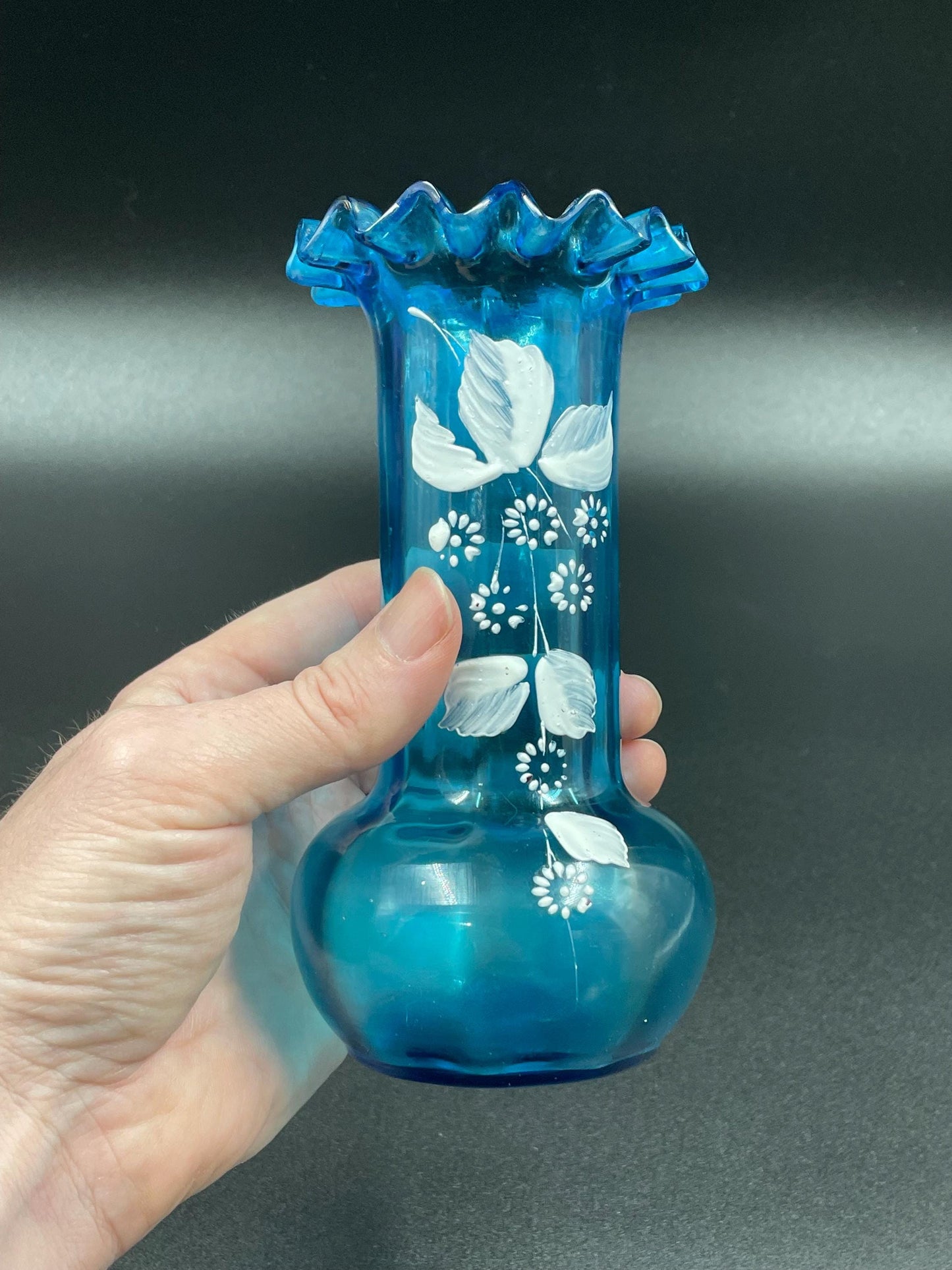 Antique Handblown Glass Blue Paneled Vase, White Enamel Floral Motif, Crimped Rim