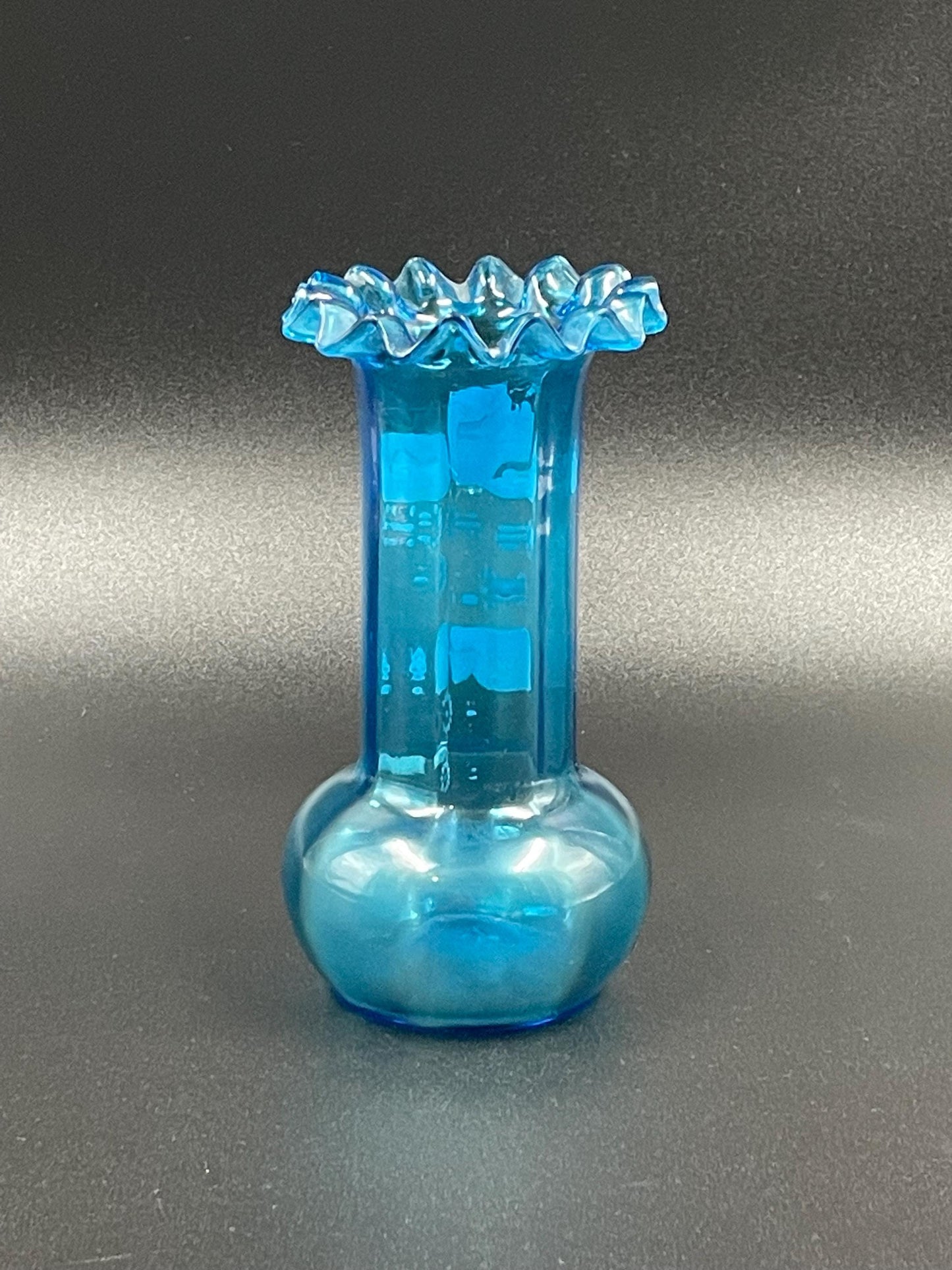 Antique Handblown Glass Blue Paneled Vase, White Enamel Floral Motif, Crimped Rim