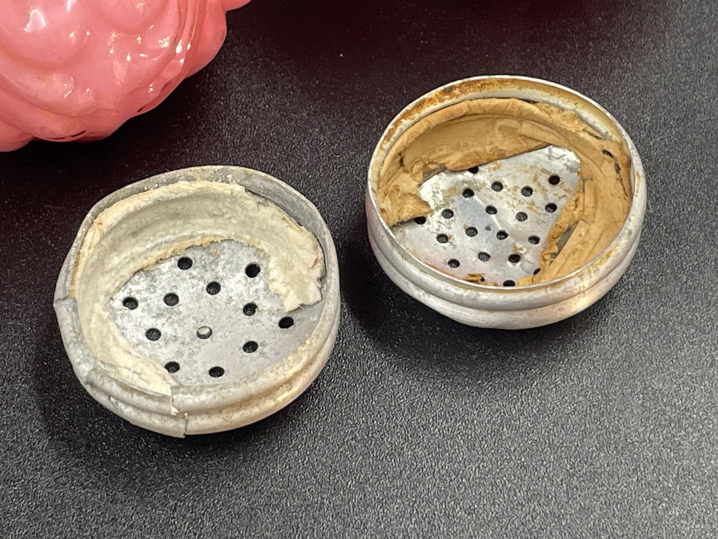 Victorian EAPG Cased Pink Salt and Pepper Shakers, Consolidated Lamp & Glass Co, Low Scroll Pattern c1894