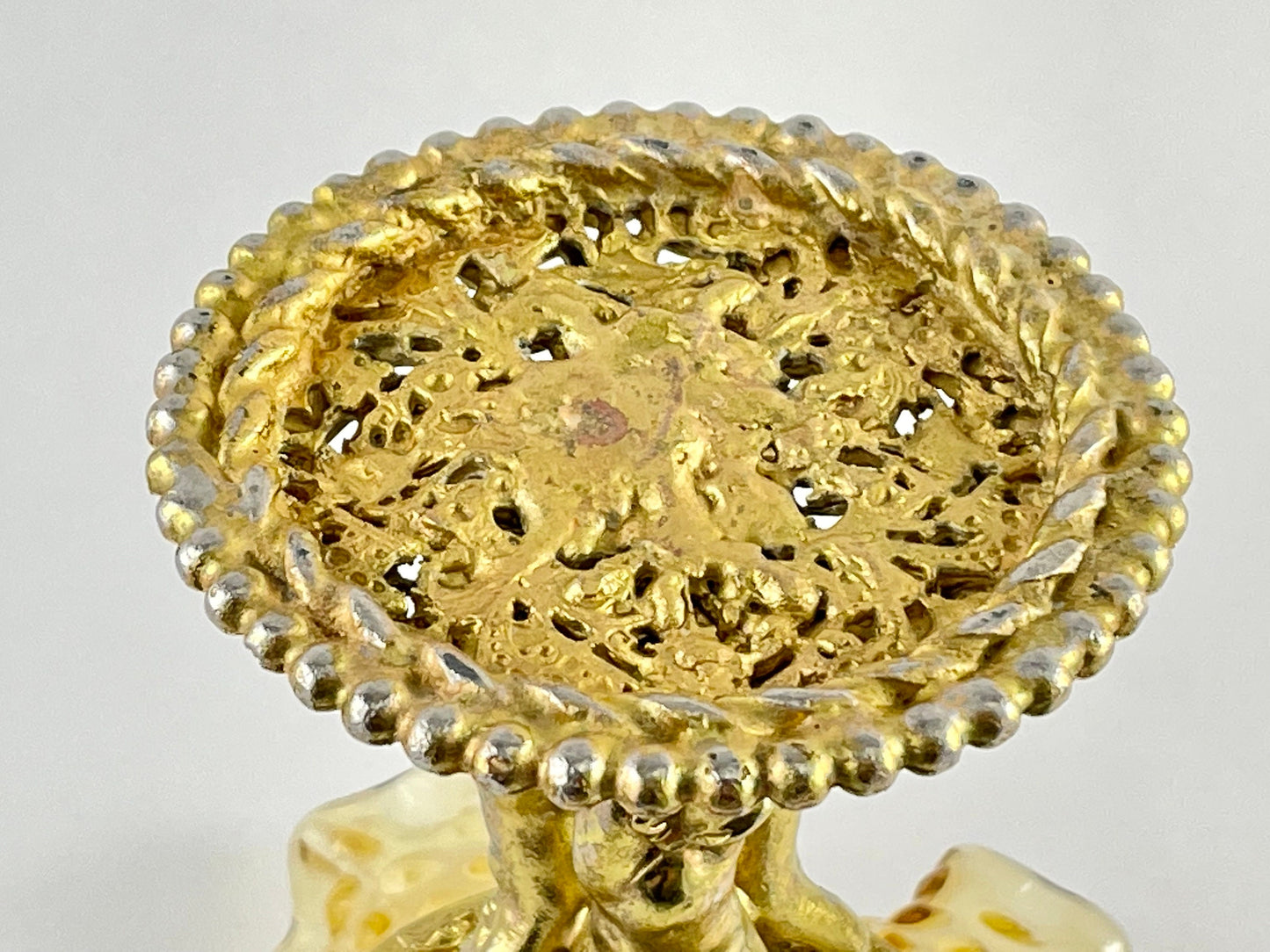 Fenton Ruffled Amber Hobnail Pedestal Dish on Ornate Gold Painted Metal Stand