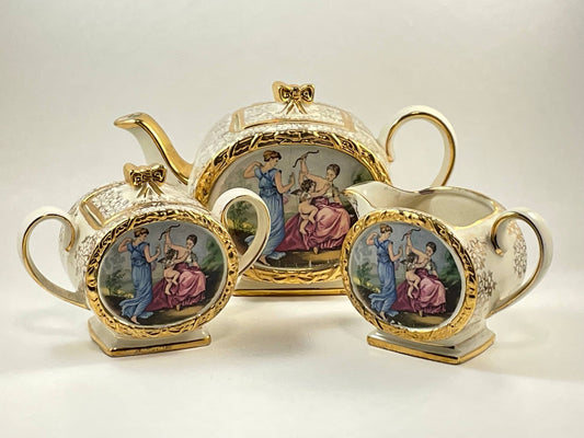 James Sadler Cherub Barrel Teapot Creamer Sugar Set, Vintage 1940s Tea Set, Made in England
