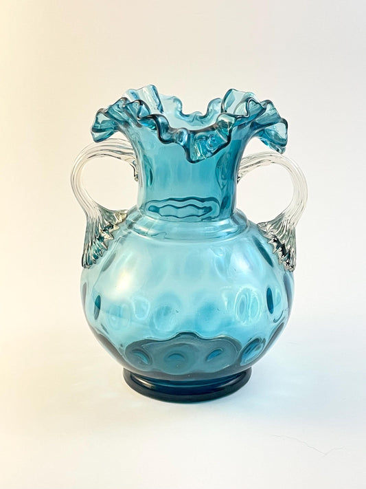 Handblown Double Handled Aqua Blue Inverted Coin Dot Vase