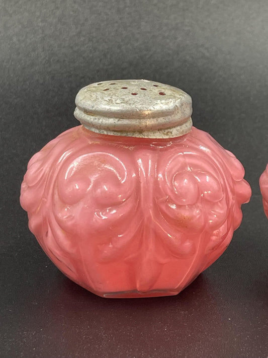 Victorian EAPG Cased Pink Salt and Pepper Shakers, Consolidated Lamp & Glass Co, Low Scroll Pattern c1894