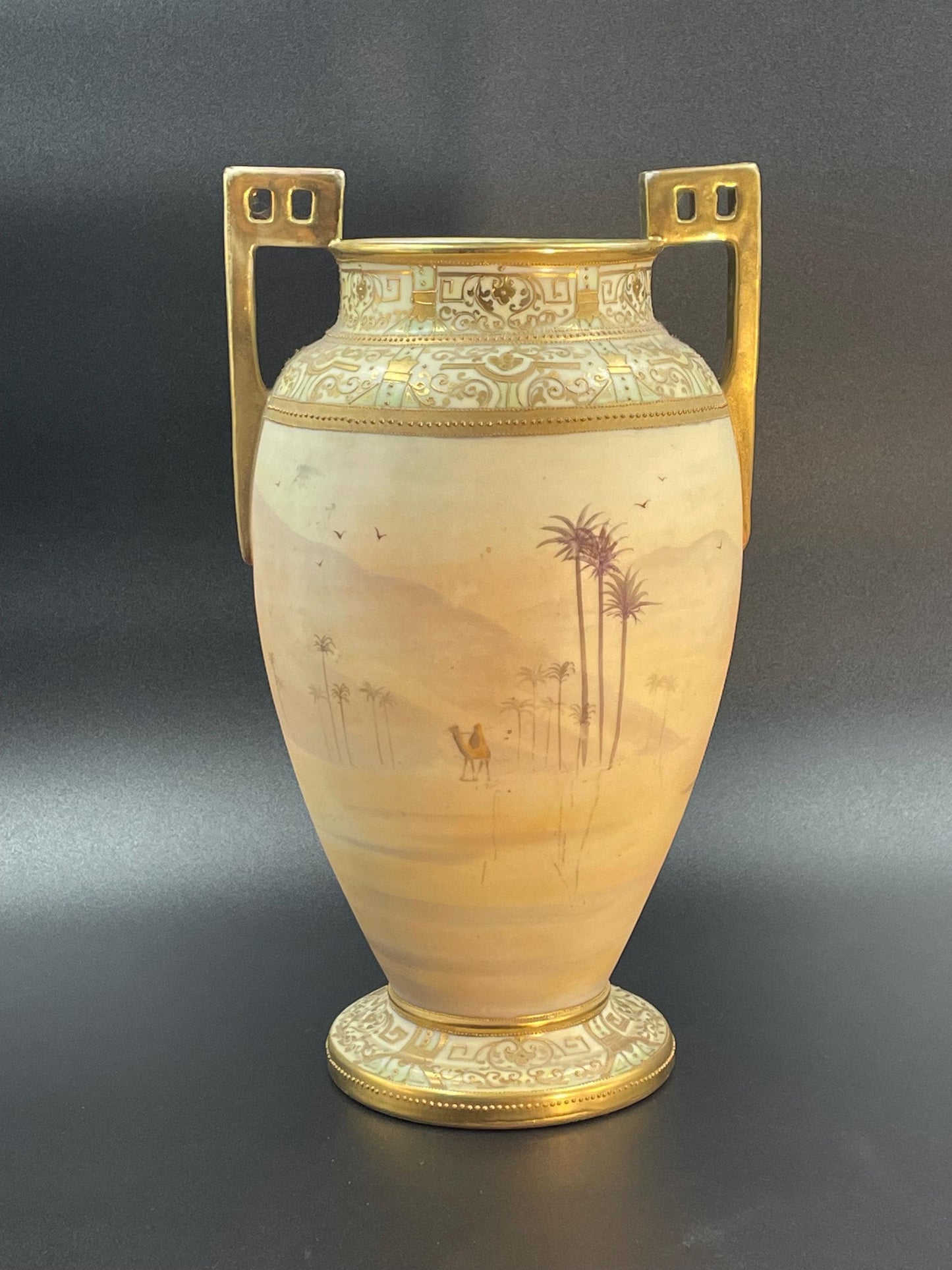 Large Antique Nippon Handpainted Vase Desert Camel Scene Circa 1911-1921
