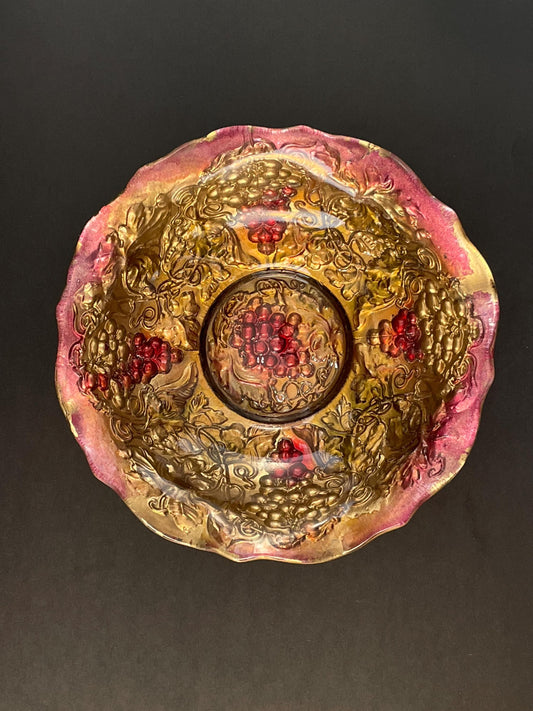 Antique Goofus Glass Dish, Enamel Painted Gold and Red Grape and Leaves