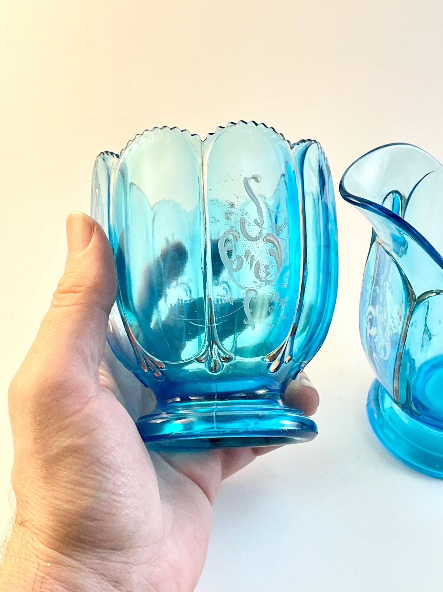Antique National Glass Co (Northwood Works), Nestor Pattern Blue Creamer and Spooner, EAPG, Circa 1902