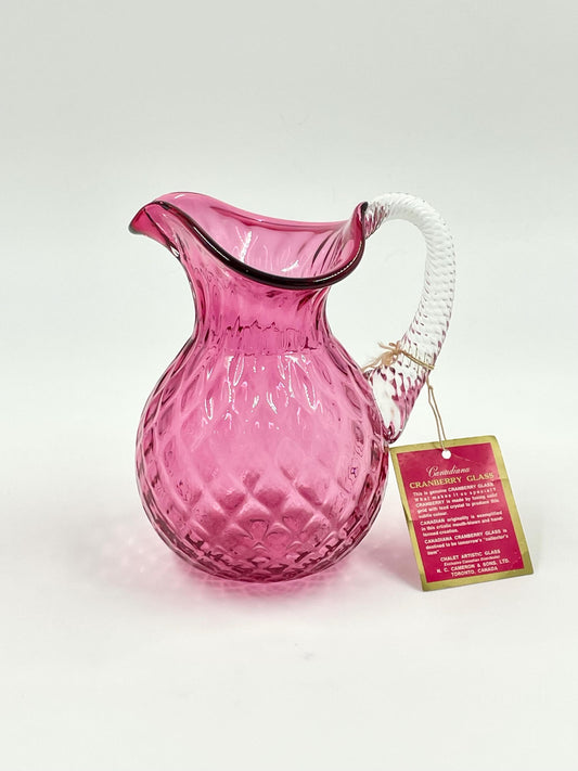 Chalet Cranberry Pitcher Diamond Optic Pattern, Canadiana Collection, With Original Swing Tag, Circa 1962-1975