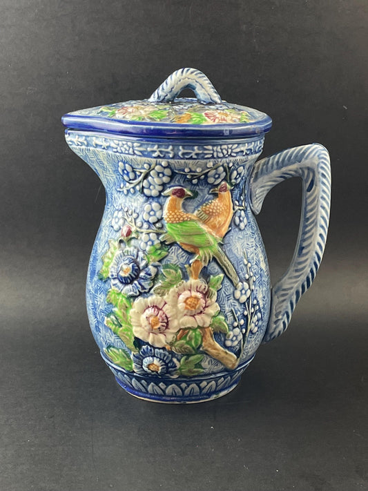 Japan Hand-painted Majolica Lidded Pitcher/Jug With Florals and Birds