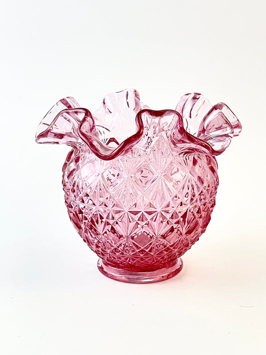 Fenton Lavender Pink Bowl Vase with Sticker, Diamond Pattern, Crimped / Ruffled Rim, Circa 1990s