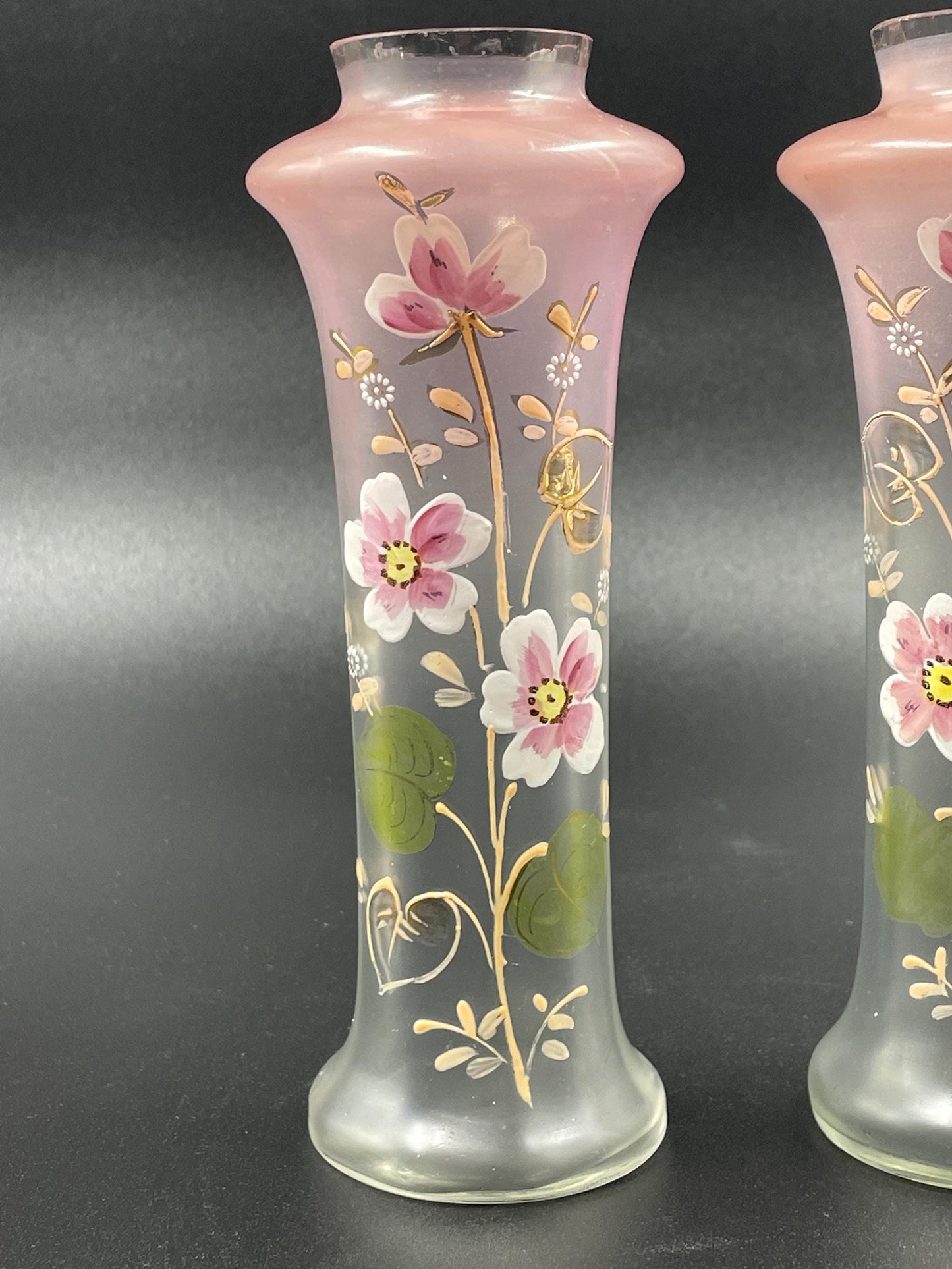 Two Antique Handpainted Floral Glass Vases