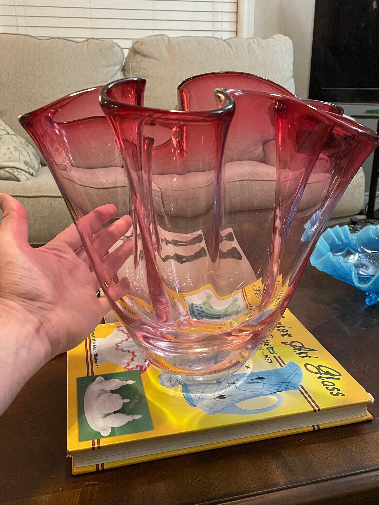 Large Chalet Cranberry Hankerchief Fazzoletto Vase, Etched Chalet Art Glass Vase, 1960s
