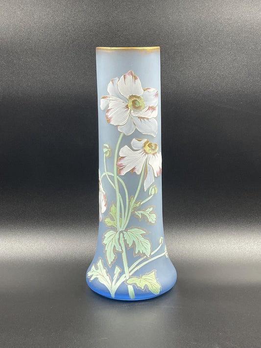 Antique French Legras Handpainted Floral Periwinkle Blue Satin Glass Vase 14"